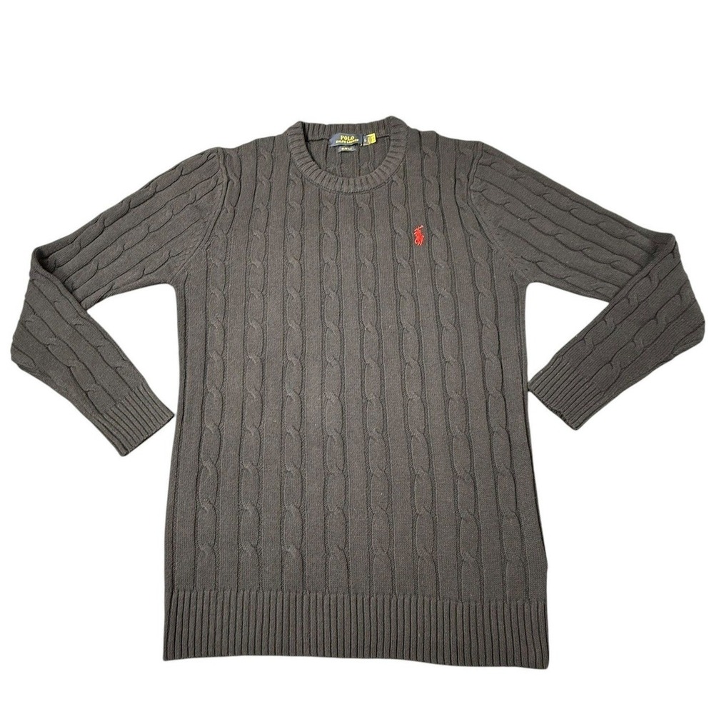Polo Ralph Lauren Mens Cable Knit Sweater Slim Fit Black Cotton Red Pony Large